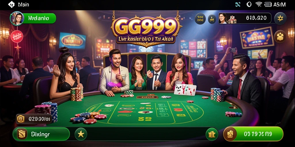 Screenshot gameplay GG999 menunjukkan dealer langsung berinteraksi dengan pemain.