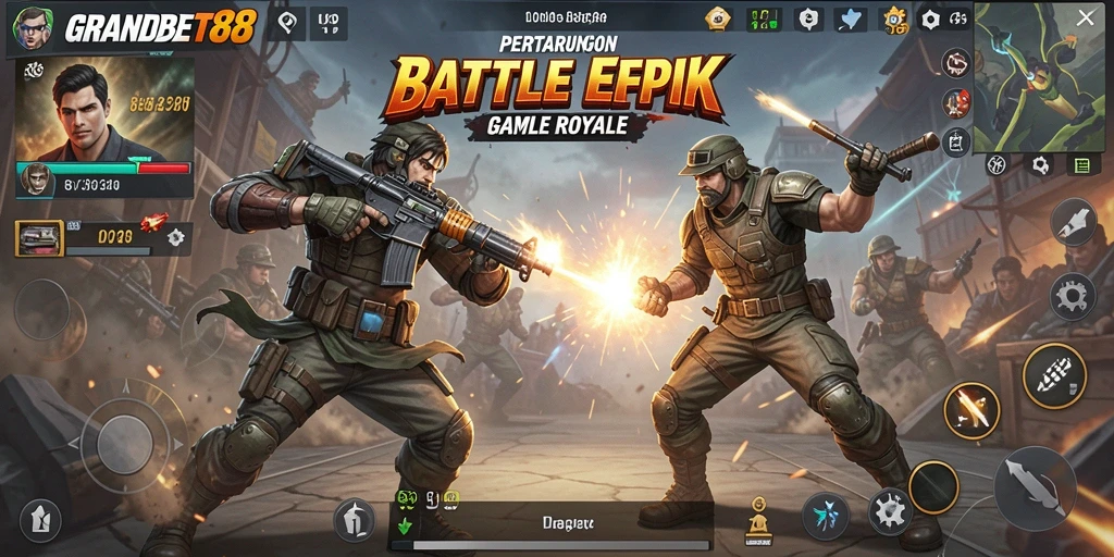 Tampilan gameplay mendebarkan di GRANDBET88 saat bertarung di arena Battle Royale.