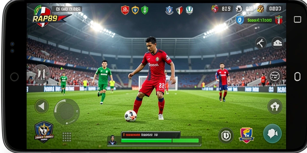 Screenshot menampilkan aksi seru gameplay sepak bola di RAP89.