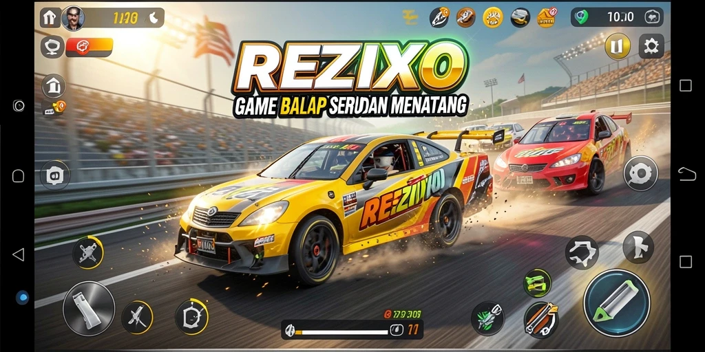 Tampilan gameplay seru dalam game balap REZIXO yang mendebarkan.