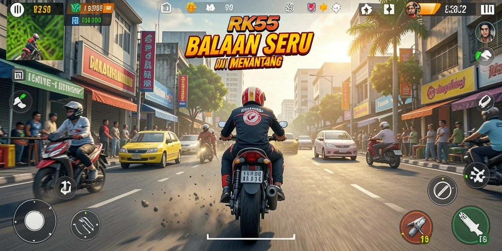 Tampilan gameplay RK55 yang mendebarkan dan realistis saat balapan di trek.