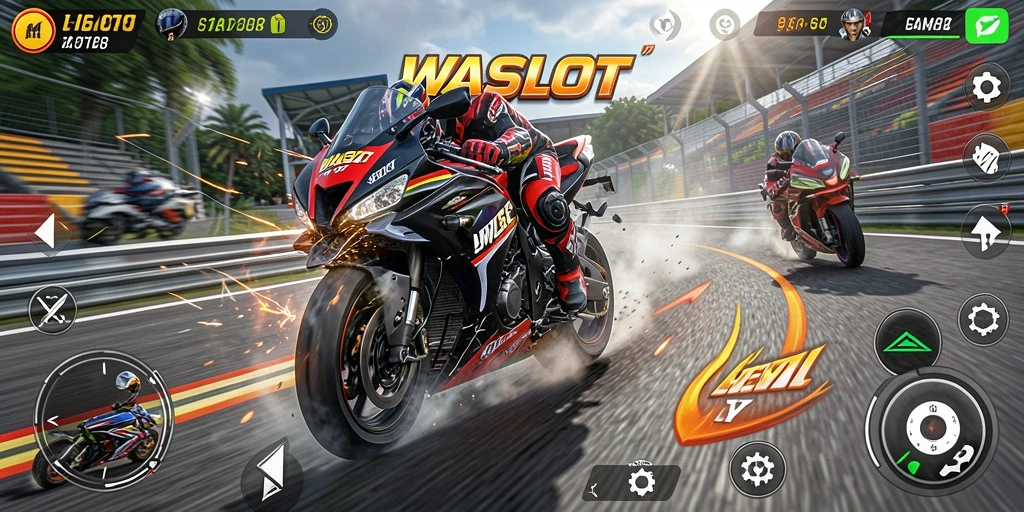 Screenshot utama <strong>WASLOT</strong> menampilkan aksi balapan motor yang intens.